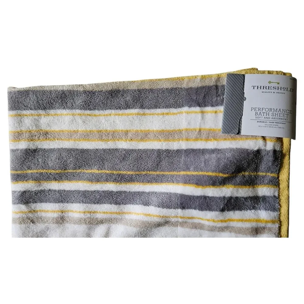 NWT Threshold Performance Striped Yellow Gray Bath Sheet 33 x 63 Oeko-Tex